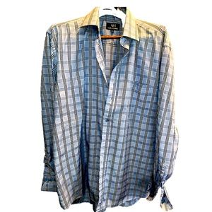 LUEL HOMME BLUE PLAID Dress Shirt 17 1/2, 36/37 Flip Cuff Cotton Polyester Men’s
